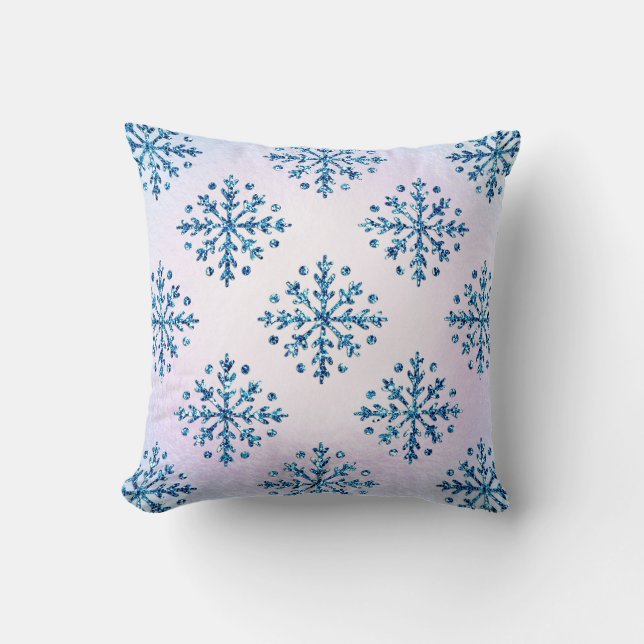 Holiday - Ice Blue Snowflakes Iridescent Faux Foil Throw Pillow (Front)