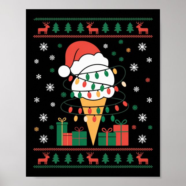 Holiday Ice Cream Cone Wrapped In Lights And Santa Poster (Front)