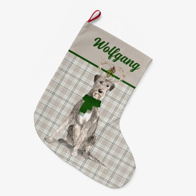 Holiday Irish Wolfhound and Plaid with Dog's Name Large Christmas Stocking (Front (Hanging))