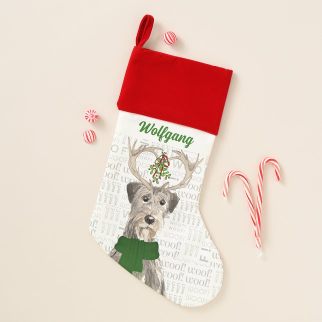 Holiday Irish Wolfhound in Antlers with Name Christmas Stocking (Front)
