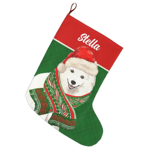 Holiday Japanese Spitz and Plaid with Dogs Name Large Christmas Stocking