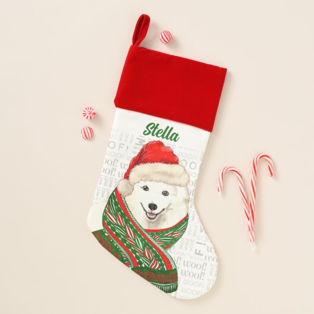 Holiday Japanese Spitz Dog with Name Christmas Stocking (Front)