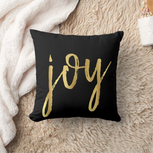 Holiday Joy  Classic Gold Marker Script on Black Throw Pillow