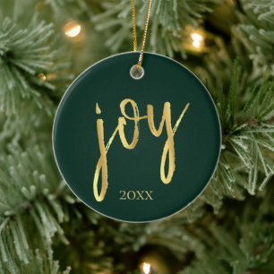 Holiday Joy   Classic Gold Marker Script on Green Ceramic Ornament