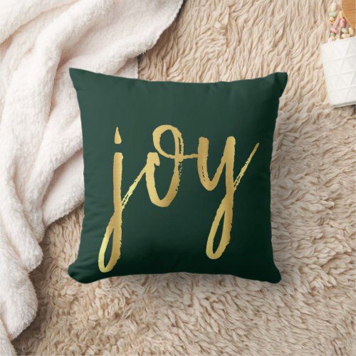 Holiday Joy  Classic Gold Marker Script on Green Throw Pillow