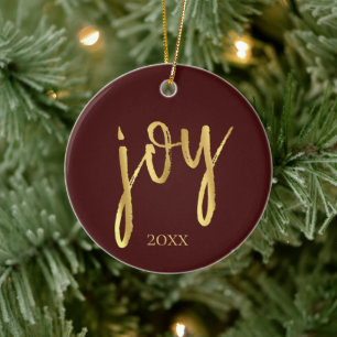 Holiday Joy   Classic Gold Marker Script on Red Ceramic Ornament
