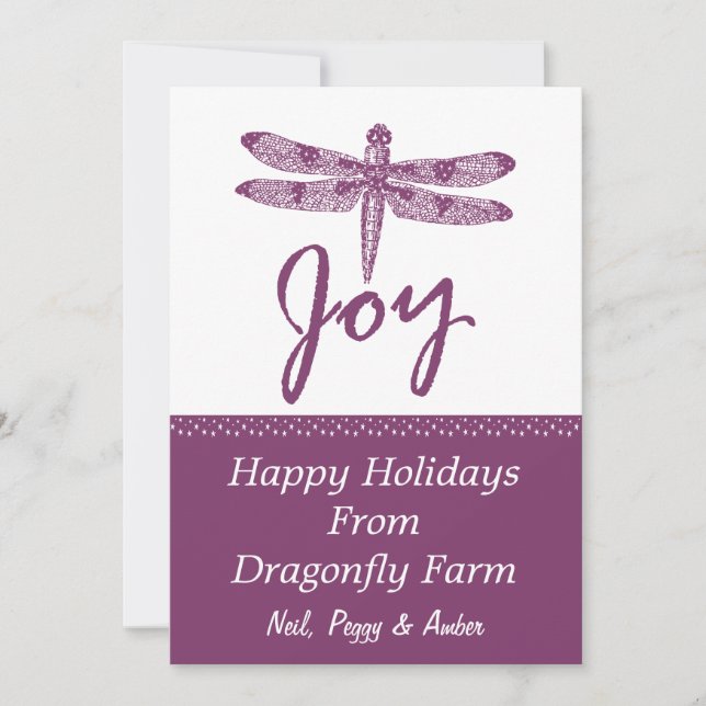 Holiday Joy Dragonfly Purple Flat Card (Front)