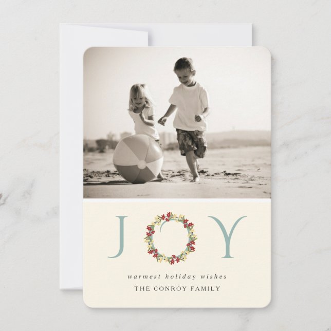 Holiday Joy Floral Wreath Modern Photo Greeting Card (Front)