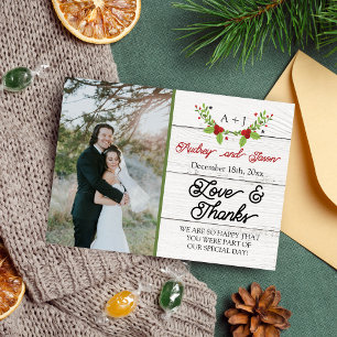 Holiday Joy Poinsettia Winter Wood Thank You Card