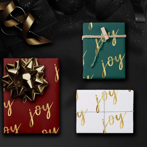 Holiday Joy Script  Faux Gold Foil in Multi Color Wrapping Paper Sheets