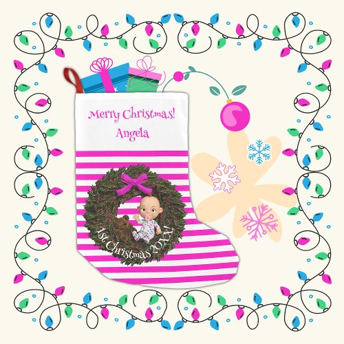 Holiday Joy Striped Keepsake Baby Girls 1st Small Christmas Stocking