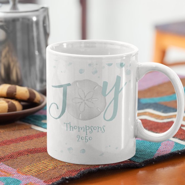 Holiday Joy Typography Beach Sand Dollar Turquoise Coffee Mug (Whimsical Joy typography customized mug)