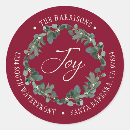 Holiday Joy Wreath Burgundy Return Address Classic Round Sticker