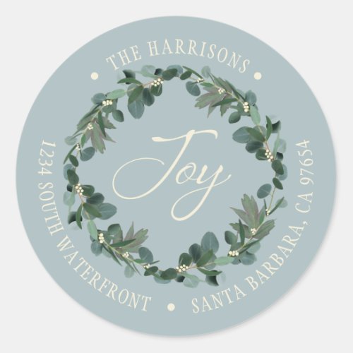 Holiday Joy Wreath Dusty Blue Return Address Classic Round Sticker