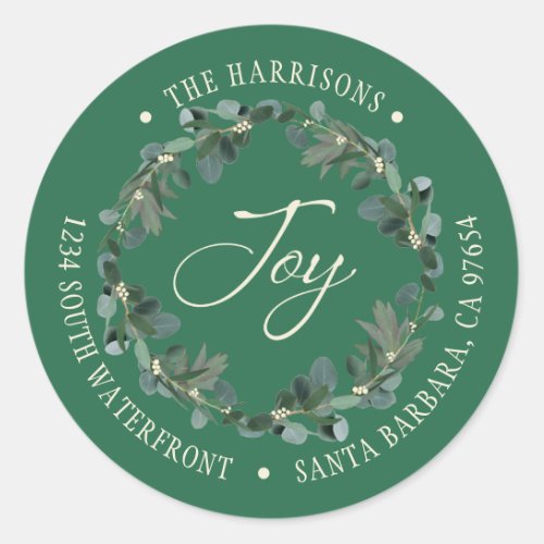 Holiday Joy Wreath Green Return Address Classic Round Sticker