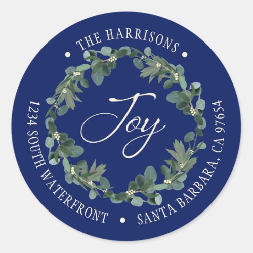 Holiday Joy Wreath Navy Blue Return Address Classic Round Sticker