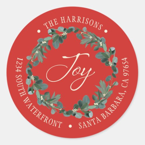 Holiday Joy Wreath Red Return Address Classic Round Sticker