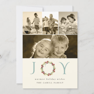 Holiday Joy Wreath Retro Blue Modern Photo Collage Card