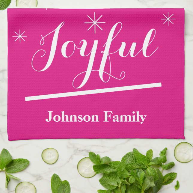 Holiday Joyful Kitchen Personalized Name Cool Pink Towel (Folded)