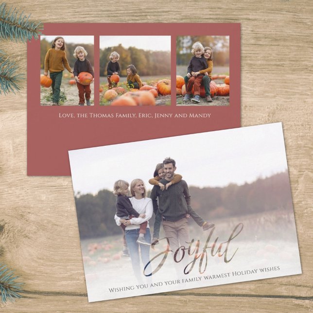 Holiday Joyful Script Elegant Red Simple 4 Photo Card (Creator Uploaded)