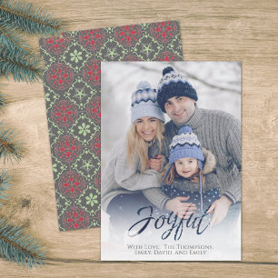 Holiday Joyful Script Red Green Snowflake 1 Photo Card