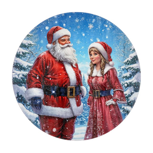 🎄 Holiday Kitchen Cheer Santa & Mrs Claus  Cutting Board (Front)