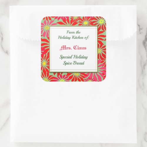 Holiday Kitchen of Red Poinsettias on Green Square Sticker