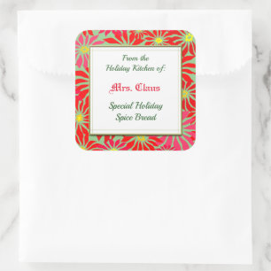 Holiday Kitchen of Red Poinsettias on Green Square Sticker
