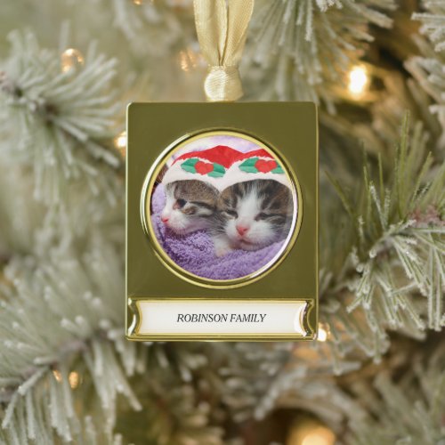 Holiday Kittens Wearing Red Santa Hats Family Name Gold Plated Banner Ornament