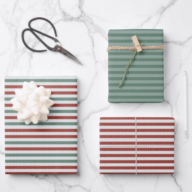 Holiday Knitted Sweater Stripes (red and green) Wrapping Paper Sheets (Front)