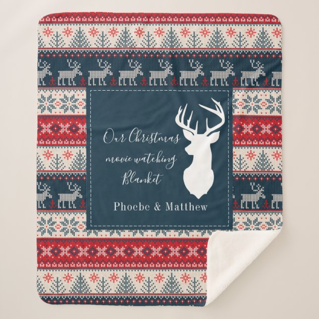 Holiday Knitting Pattern Christmas Personalized  Sherpa Blanket (Front)