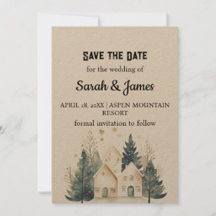 Holiday Kraft Suburb House Pine Tree Save the Date Invitation