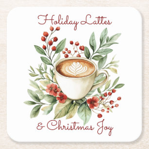 Holiday Lattes and Christmas Joy Customizable Square Paper Coaster