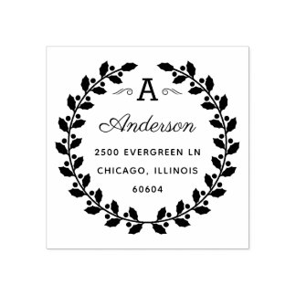 Holiday Laurel Elegant Monogram Return Address Rubber Stamp