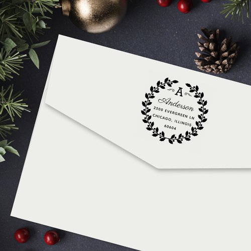Holiday Laurel Elegant Monogram Return Address Self_inking Stamp
