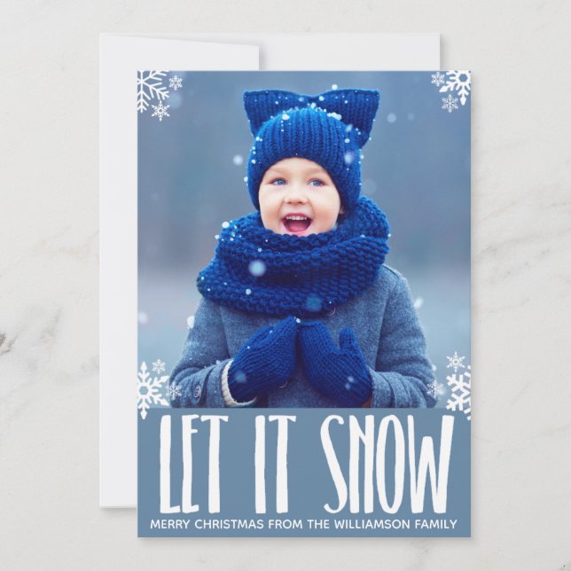 Holiday Let it Snow Blue Snowflake Christmas Photo Card (Front)