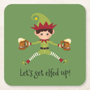 Holiday Let's Get Elfed Up Elf Beer Christmas Square Paper Coaster