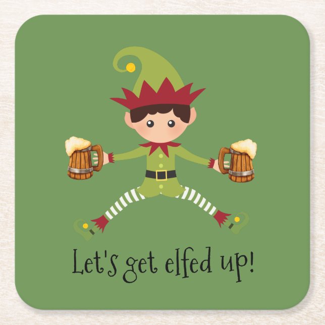 Holiday Let's Get Elfed Up Elf Beer Christmas Square Paper Coaster (Front)