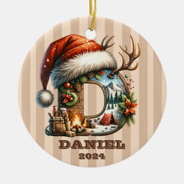 Holiday Letter D Santa Hat Winter Camping Scene Ceramic Ornament (Front)