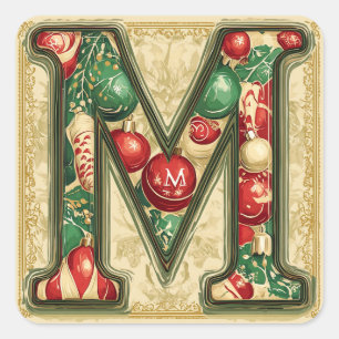 Holiday Letter M: Red, Green, Gold with Ornaments Square Sticker