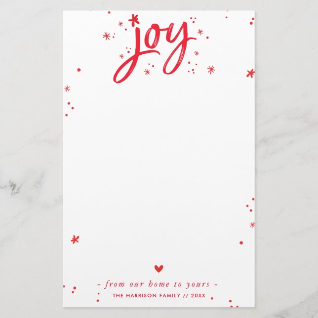 HOLIDAY LETTER modern hand lettered script joy red Stationery (Front)