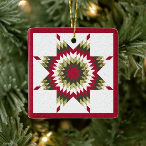 Holiday Lone Star Quilt Design Ceramic Ornament