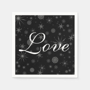 Holiday Love Black White Snowflakes Winter Wedding Paper Napkins