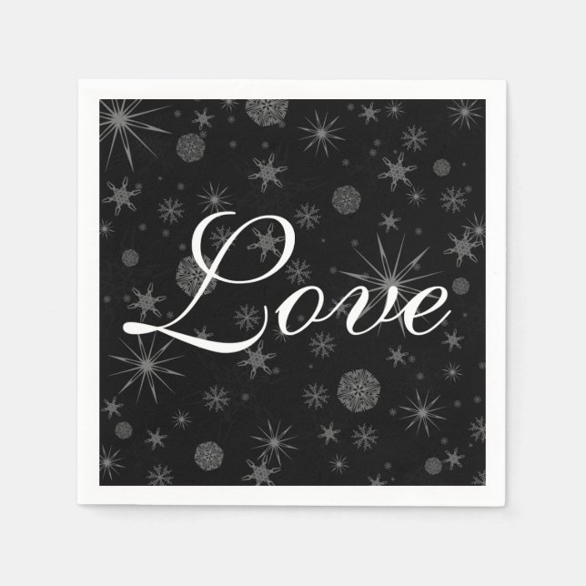 Holiday Love Black White Snowflakes Winter Wedding Paper Napkins (Front)