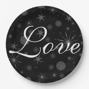 Holiday Love Black White Snowflakes Winter Wedding Paper Plates