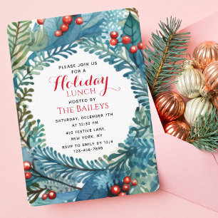 Holiday Lunch Elegant Christmas Floral Wreath Invitation