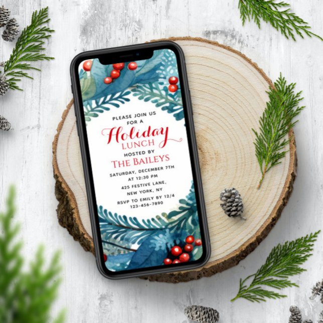Holiday Lunch Elegant Christmas Floral Wreath Invitation (Creator Uploaded)