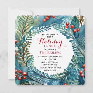 Holiday Lunch Watercolor Floral Christmas Wreath Invitation