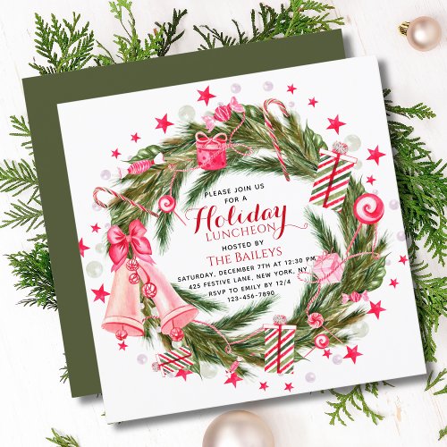 Holiday Luncheon Elegant Christmas Floral Wreath Invitation