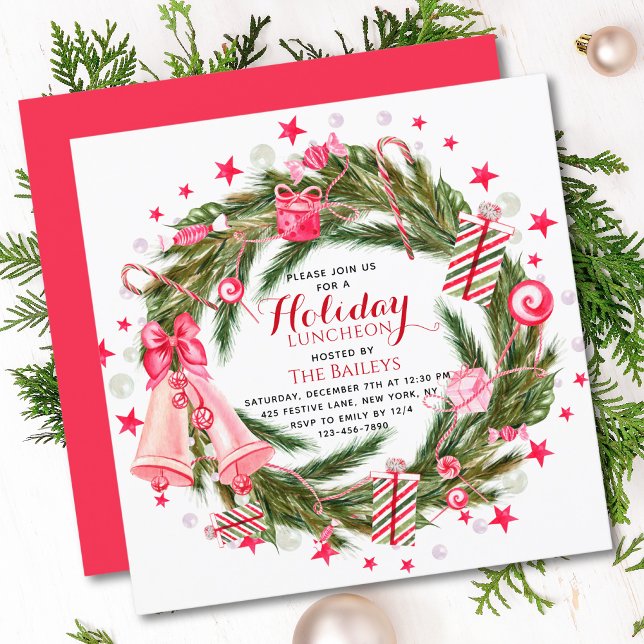 Holiday Luncheon Elegant Christmas Floral Wreath Invitation (Creator Uploaded)